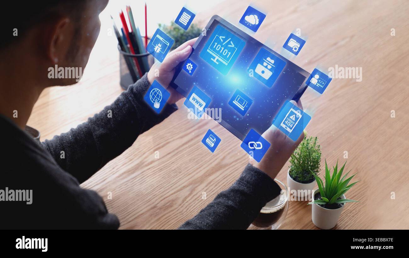 Développement logiciel avec superpositions de codage, langages de programmation, outils de développement, création d'applications mobiles et programmation avancée pour produits numériques Banque D'Images