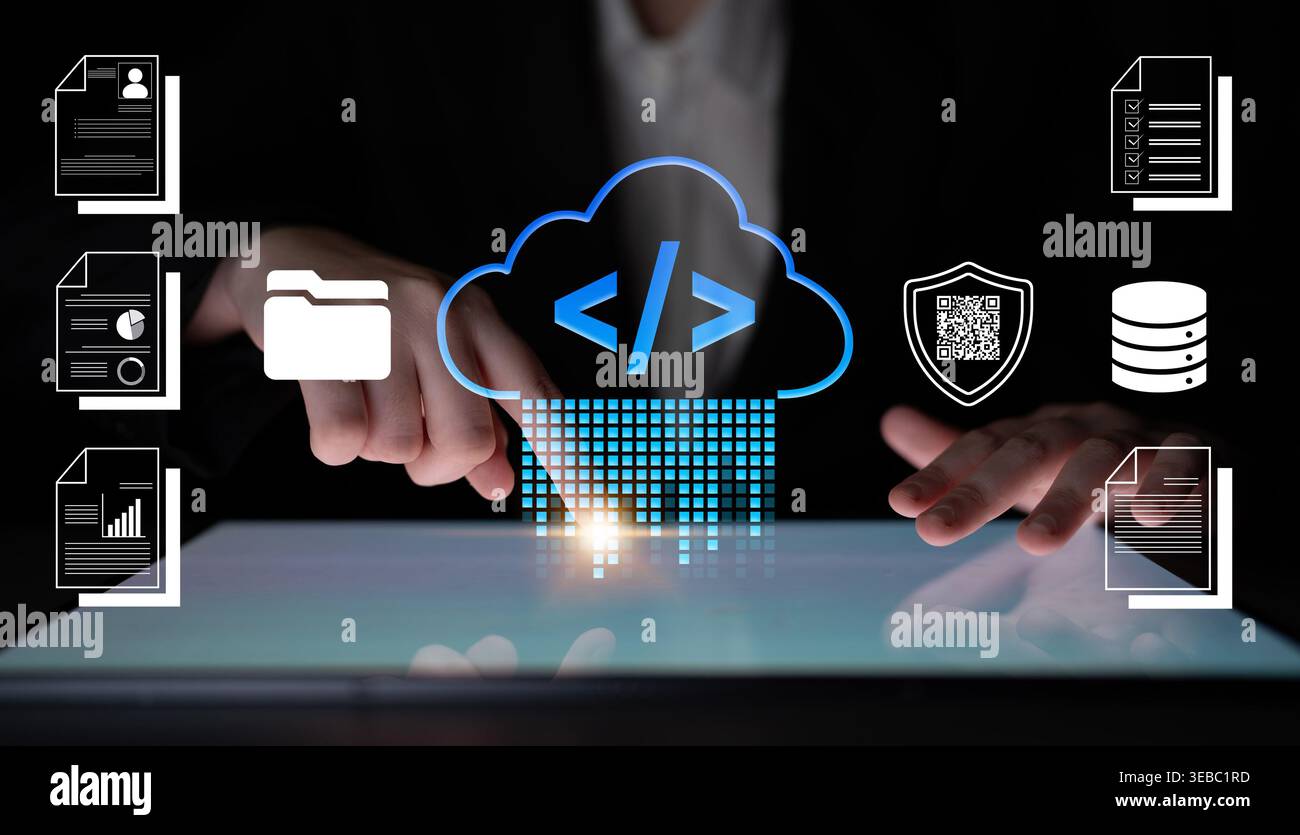 Technologie numérique et concepts de Cloud Computing avec icônes futuristes et mains s'engageant dans le traitement des données et la gestion de fichiers Fluxor. Banque D'Images