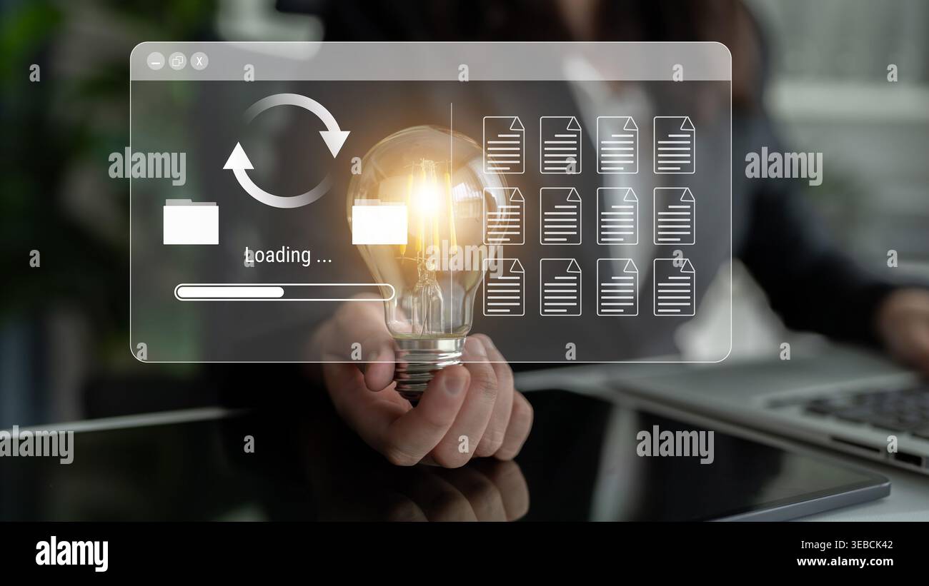 Interface de synchronisation ou de chargement de fichiers avec barre de progression, dossiers et documents, symbolisant la sauvegarde, le transfert, et analyse des mises à jour du système Banque D'Images
