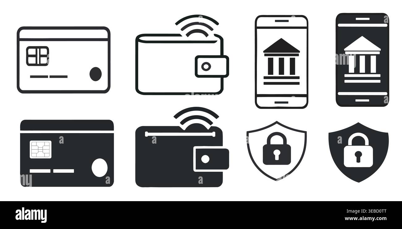 Mobile Banking et Digital Payment Security Vector Icon Set Fintech Wallet Credit Card et Secure Illustration de Vecteur