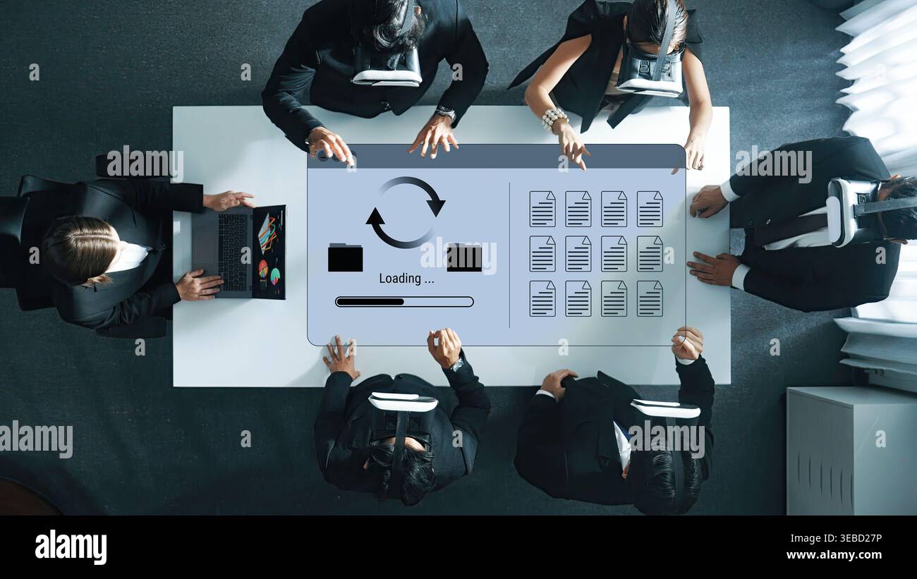 Interface de synchronisation ou de chargement de fichiers avec barre de progression, dossiers et documents, symbolisant la sauvegarde, le transfert, et analyse des mises à jour du système Banque D'Images