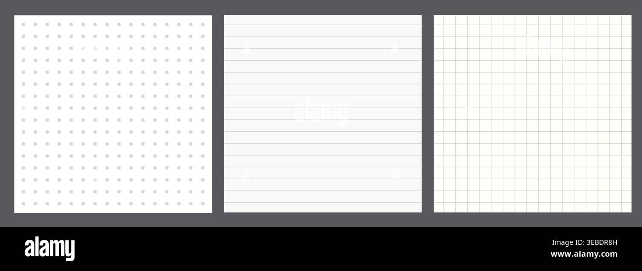 Ensemble de motifs de papier minimalistes sans couture avec des points gris, des lignes horizontales et des textures de grille carrée sur des fonds blancs Illustration de Vecteur