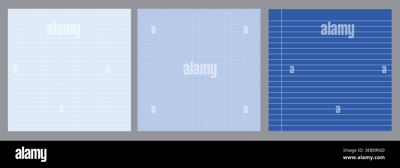 Ensemble de motifs de papier bleu sans couture avec des points bleu clair, une grille Azur et des textures de carnet ligné bleu foncé Illustration de Vecteur