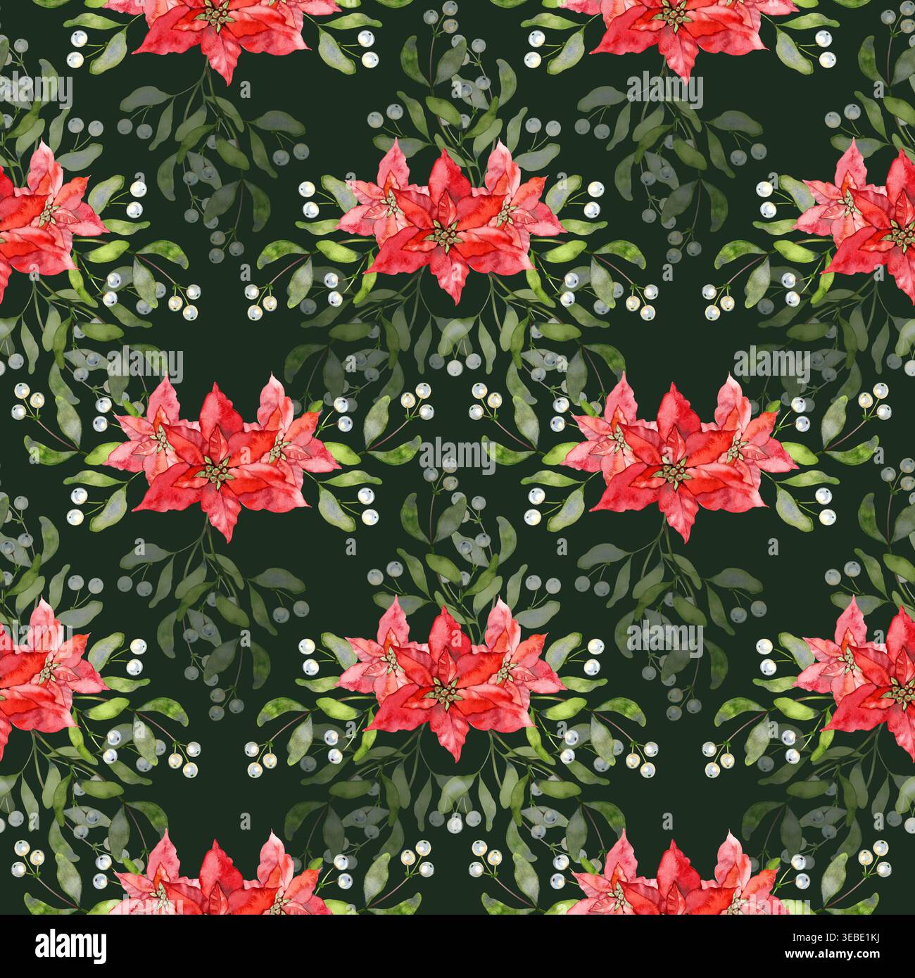 Aquarelle dessinée à la main motif sans couture de bouquets de vacances festifs. Cet élégant poinsettias rouge étoiles de Noël niché au milieu du gui délicat Banque D'Images