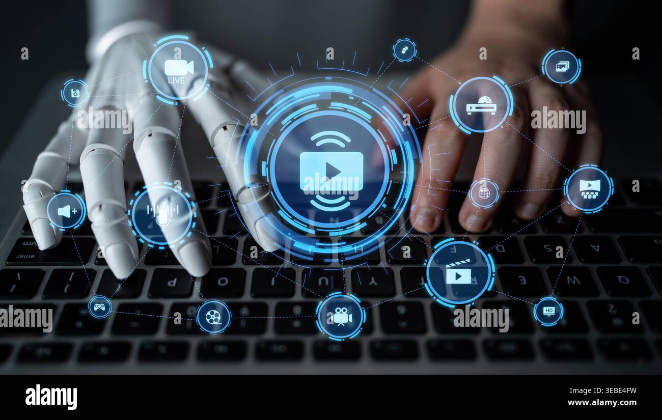 Multimédia assisté PAR L'IA avec des icônes vidéo, audio, photo et streaming montrant la communication numérique moderne et les plates-formes de divertissement en ligne Entice Banque D'Images
