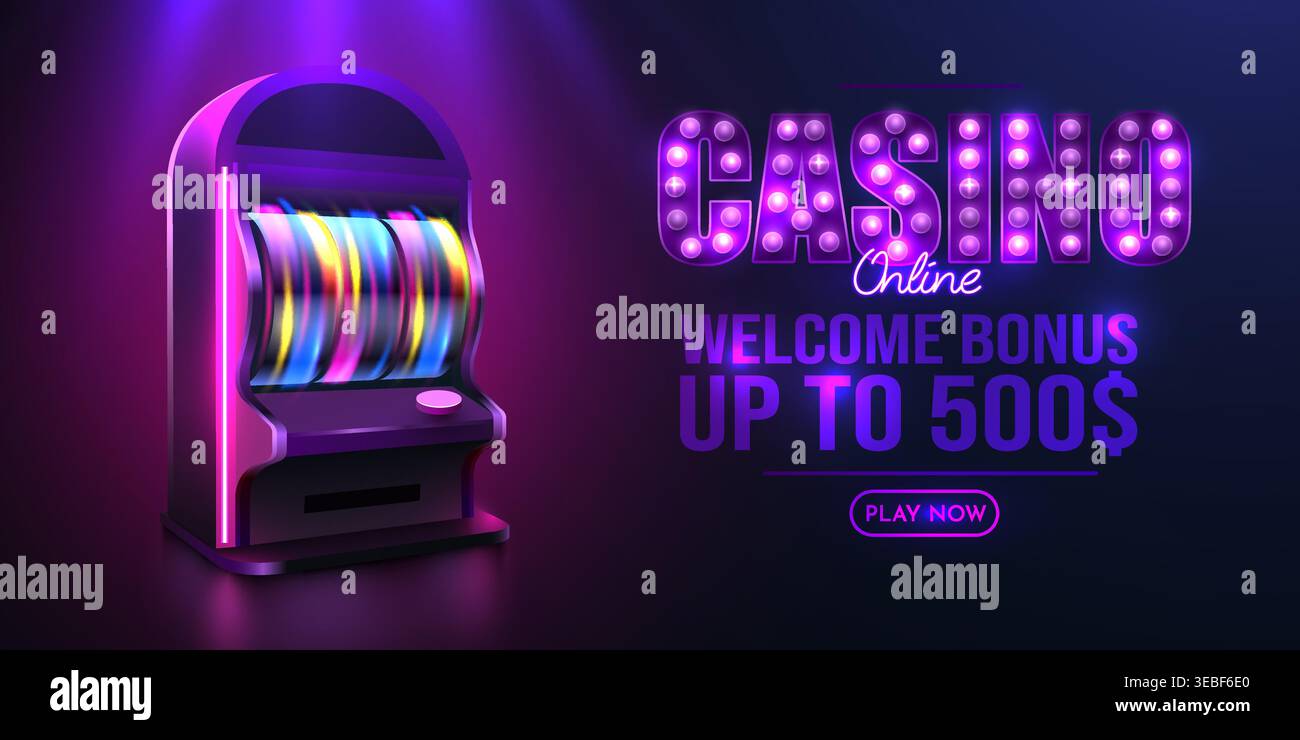 Machine à sous casino Neon avec offre de bonus de bienvenue en ligne. Bannière de jeu violette brillante. Illustration vectorielle Illustration de Vecteur