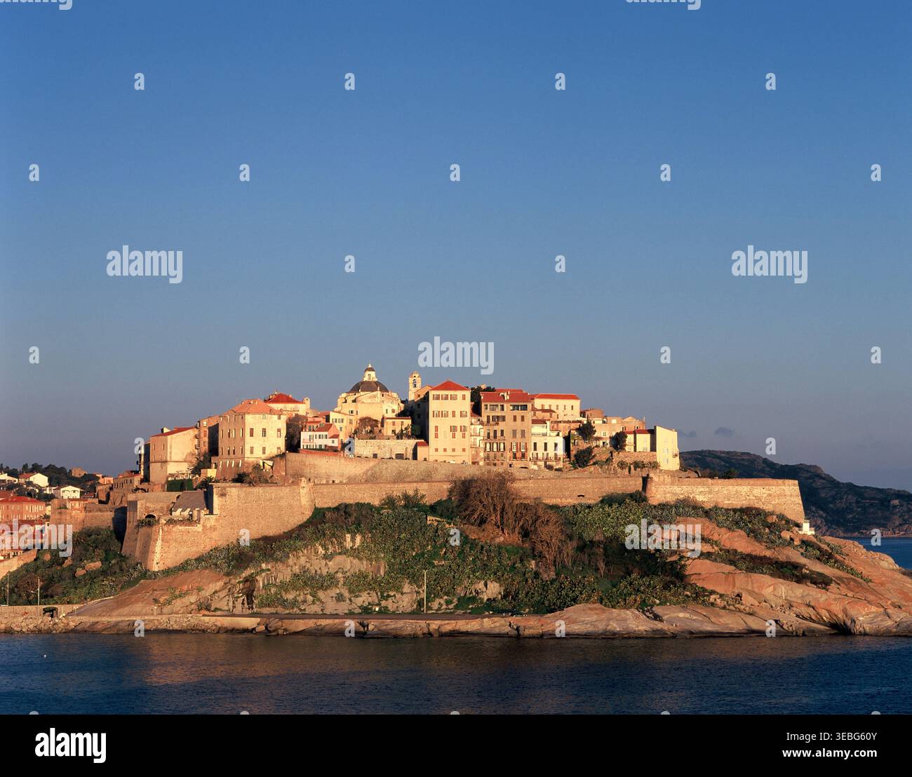 France. Corse. Calvi. Vue sur la Citadelle génoise. Banque D'Images