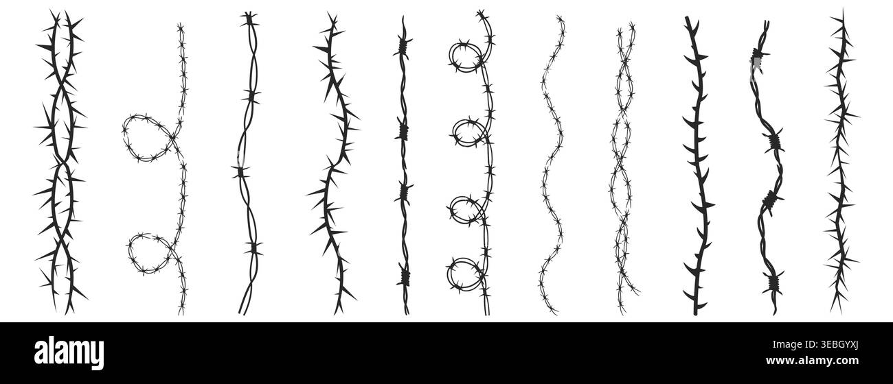 Bordure de silhouette de fil de fer barbelé, clôture. Fil à pointes avec des barbes tranchantes le long de son périmètre. Anneau torsadé y2k, tatouage de bordure ronde, cadre en acier texturé gothique,. Illustration vectorielle Illustration de Vecteur