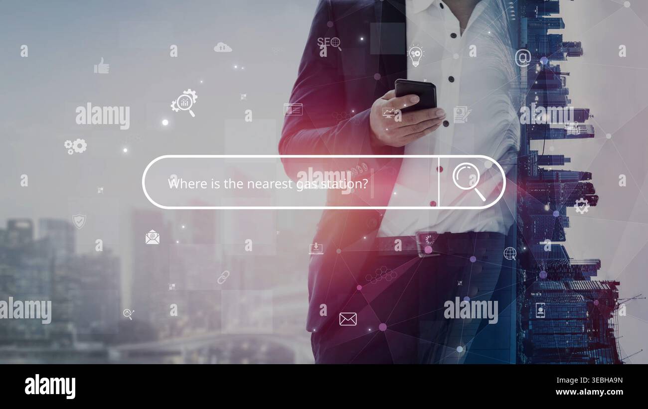 Interface de moteur de recherche pour accéder à des informations numériques et à des données en ligne. Le moteur de recherche trouve des données, le moteur de recherche soutient la recherche, stimule le marketing Banque D'Images