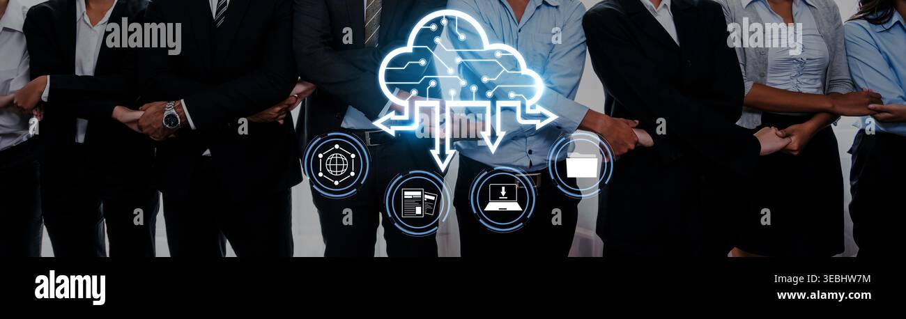 Une image dynamique des professionnels de l'entreprise réunis, renforcée par les symboles de la technologie cloud, illustrant l'importance de la collaboration et Banque D'Images
