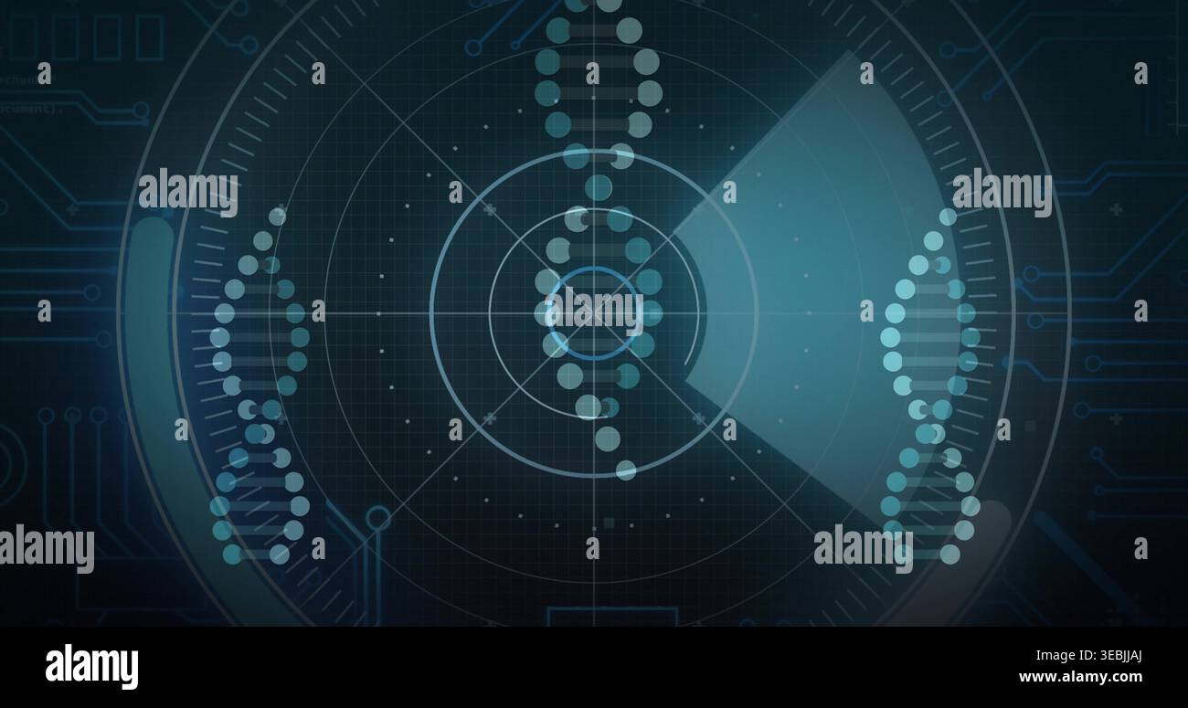 Affichage du HUD radar central avec nœuds ADN verticaux sur l'écran du laboratoire, hélices en miroir, balayage radar Banque D'Images