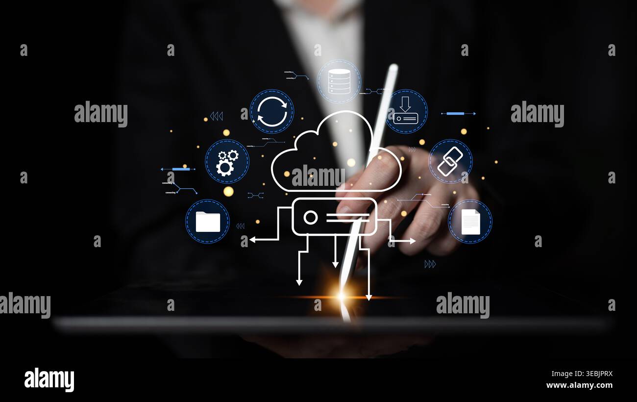 Un écosystème de services de stockage et de synchronisation des données dans le cloud. Concept de cloud computing pour le stockage, la sauvegarde et le partage de fichiers sur plusieurs appareils. Motif Banque D'Images