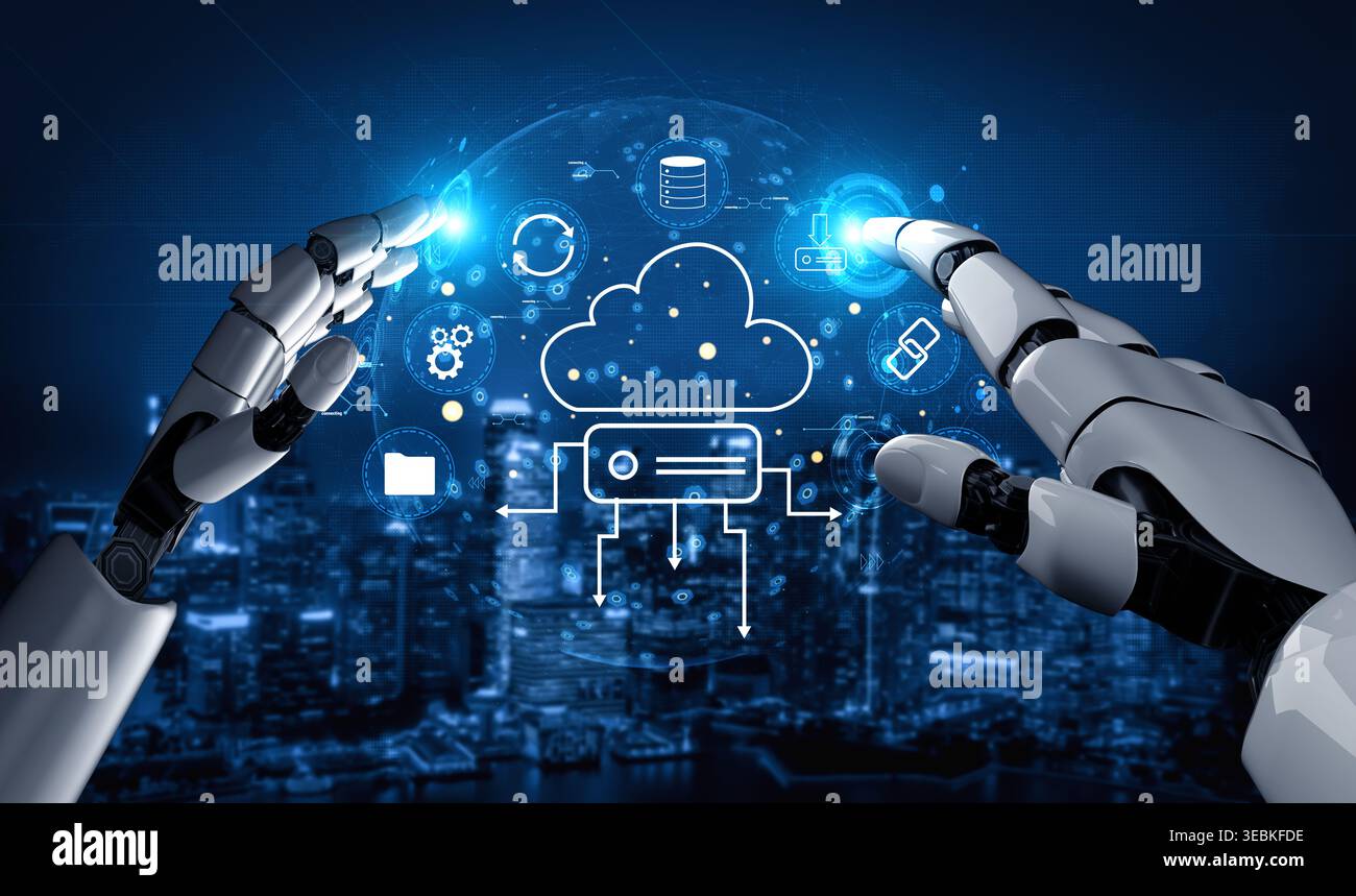 Un écosystème de stockage cloud et de synchronisation des données géré par l'IA. Un concept de cloud computing intelligent pour le stockage, la sauvegarde et le partage de fichiers. Motif Banque D'Images
