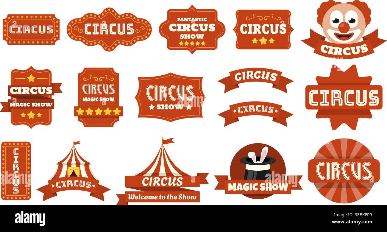 Collection de badges de cirque rétro, étiquettes et bannières avec typographie de carnaval, visage de clown et grands éléments de tente haut dans le style vectoriel plat. Rouge vif Illustration de Vecteur