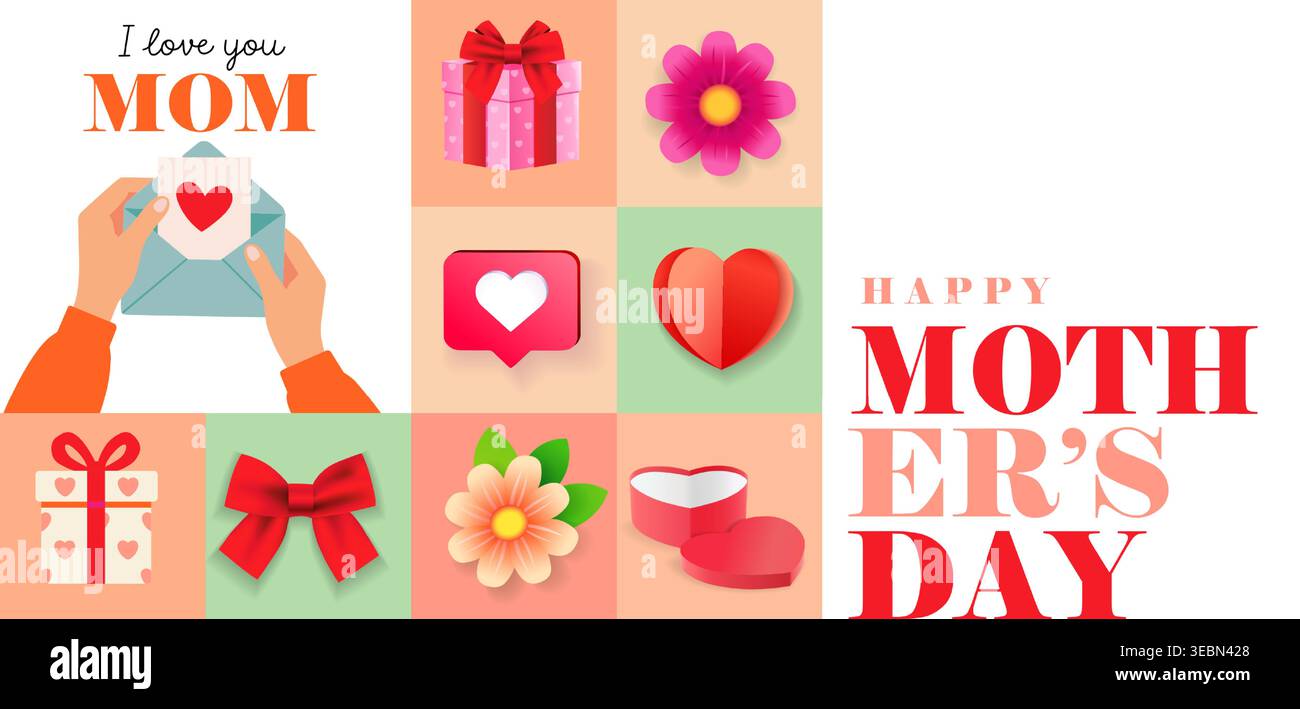 Joyeuses fêtes des mères, design artistique créatif avec Holiday Elements. Je t'aime MAMAN, des motifs avec des cadeaux, des coeurs et des fleurs. Illustration vectorielle Illustration de Vecteur