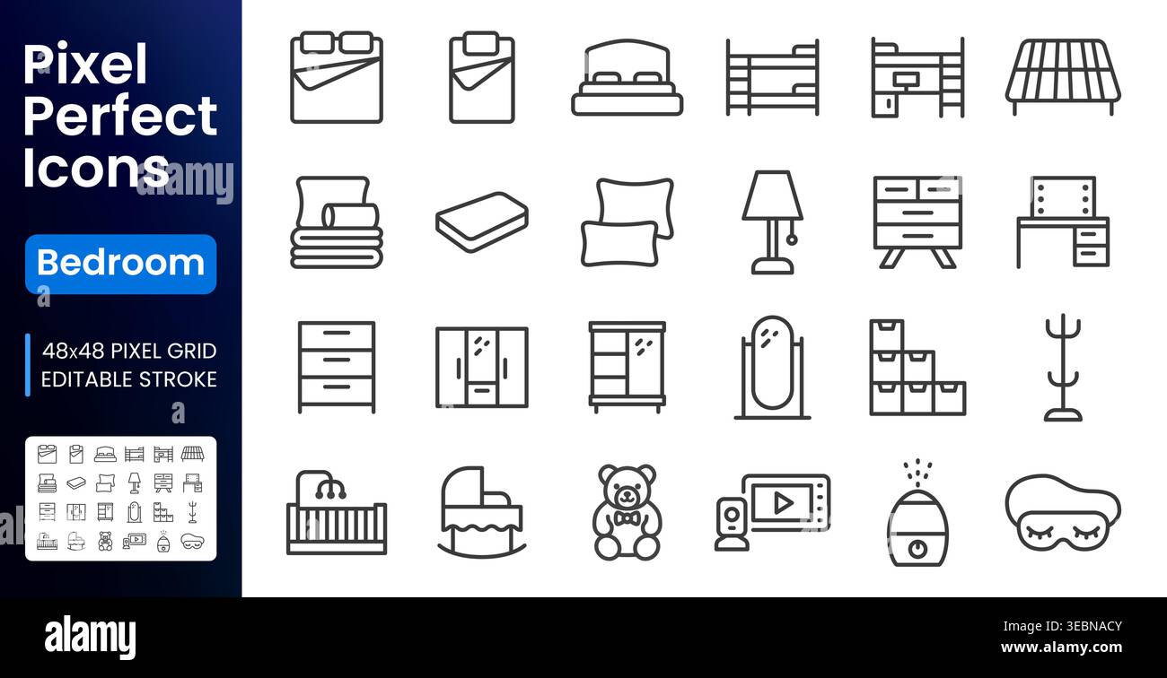 Chambre à coucher, ensemble d'icônes de ligne de meubles de pépinière. Lit superposé, berceau, armoire, commode, miroir, oreiller, matelas plat illustrations vectorielles minimales. Simple Illustration de Vecteur