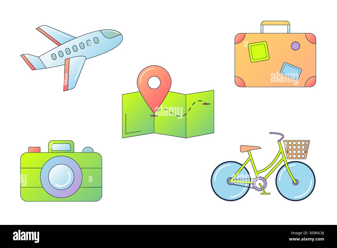 Icônes de voyage modernes dans un style dégradé doux. La collection comprend avion, valise, carte avec épingle de localisation, appareil photo et vélo. Parfait pour le tourisme Illustration de Vecteur