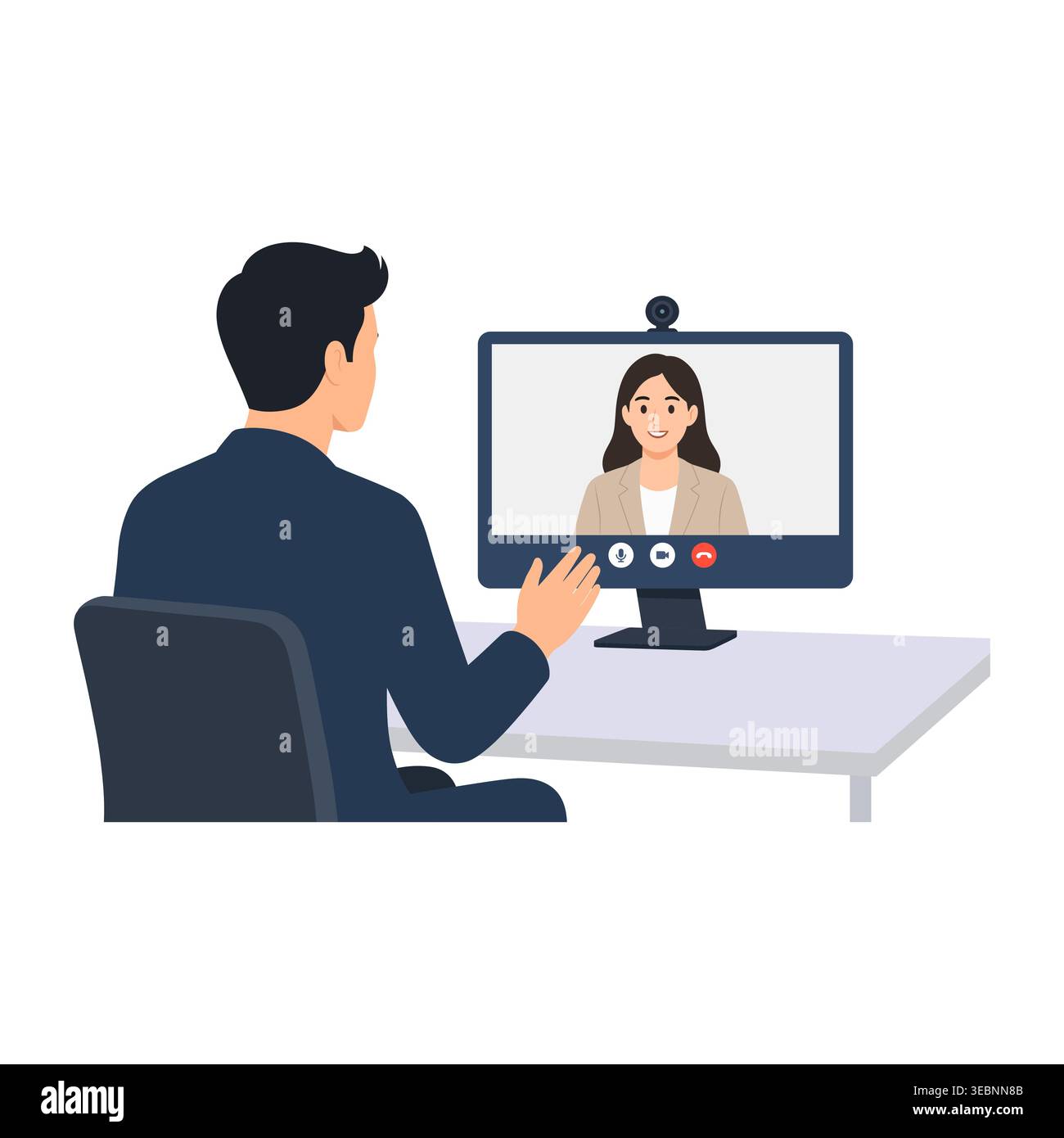 Illustration vectorielle plate d'un homme d'affaires assis à un bureau et communiquant avec une femme professionnelle via un appel vidéo sur un ordinateur de bureau. Illustration de Vecteur