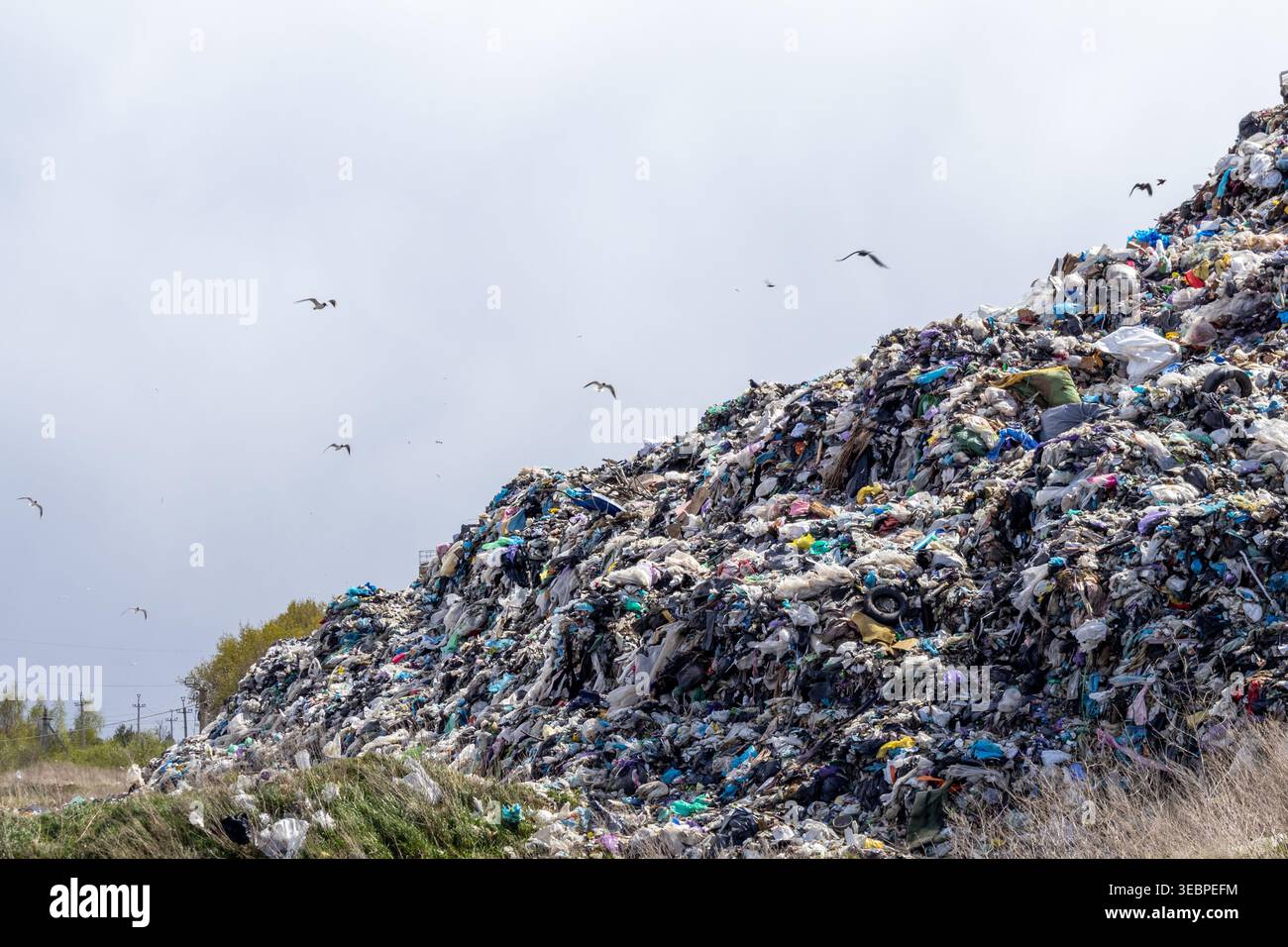 Un grand site d'enfouissement montre un tas d'ordures tandis que les oiseaux volent au-dessus dans un ciel nuageux. Les déchets sont empilés haut dans le paysage. Banque D'Images