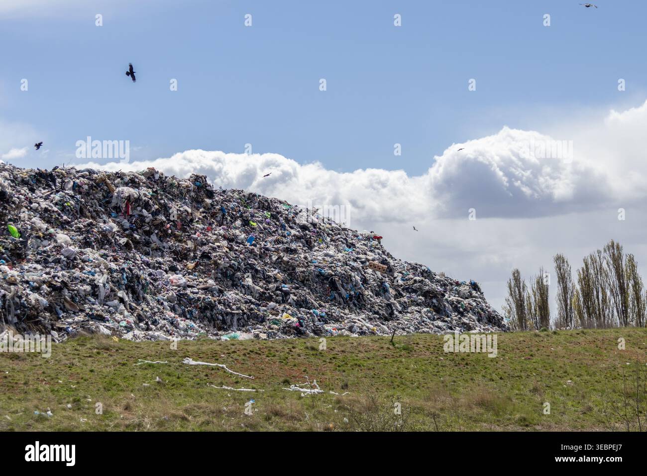 De grands monticules d'ordures reposent dans la zone d'enfouissement tandis que les oiseaux circulent au-dessus de leur tête par temps clair. La scène capte les déchets humains et leur impact sur l’envi Banque D'Images
