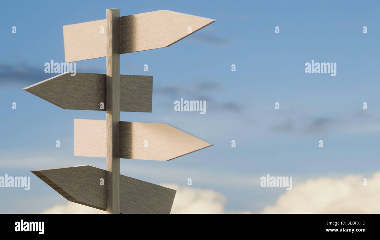 Illustration 3D d'un panneau en bois avec des flèches vierges pointant dans différentes directions. Concept de choix, prise de décision, planification stratégique, et f Banque D'Images