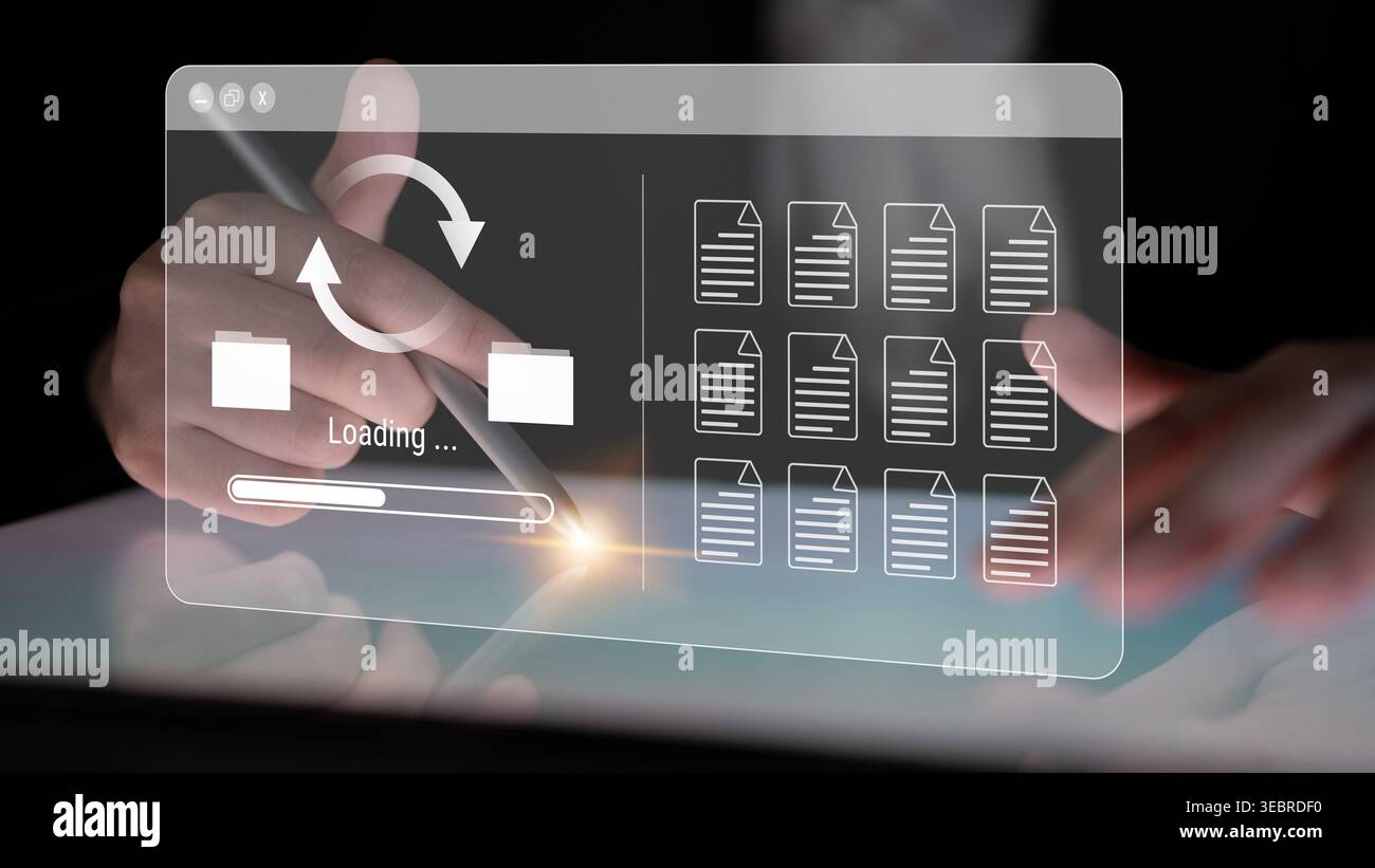 Interface de synchronisation ou de chargement de fichiers avec barre de progression, dossiers et documents, symbolisant la sauvegarde, le transfert, et analyse des mises à jour du système Banque D'Images