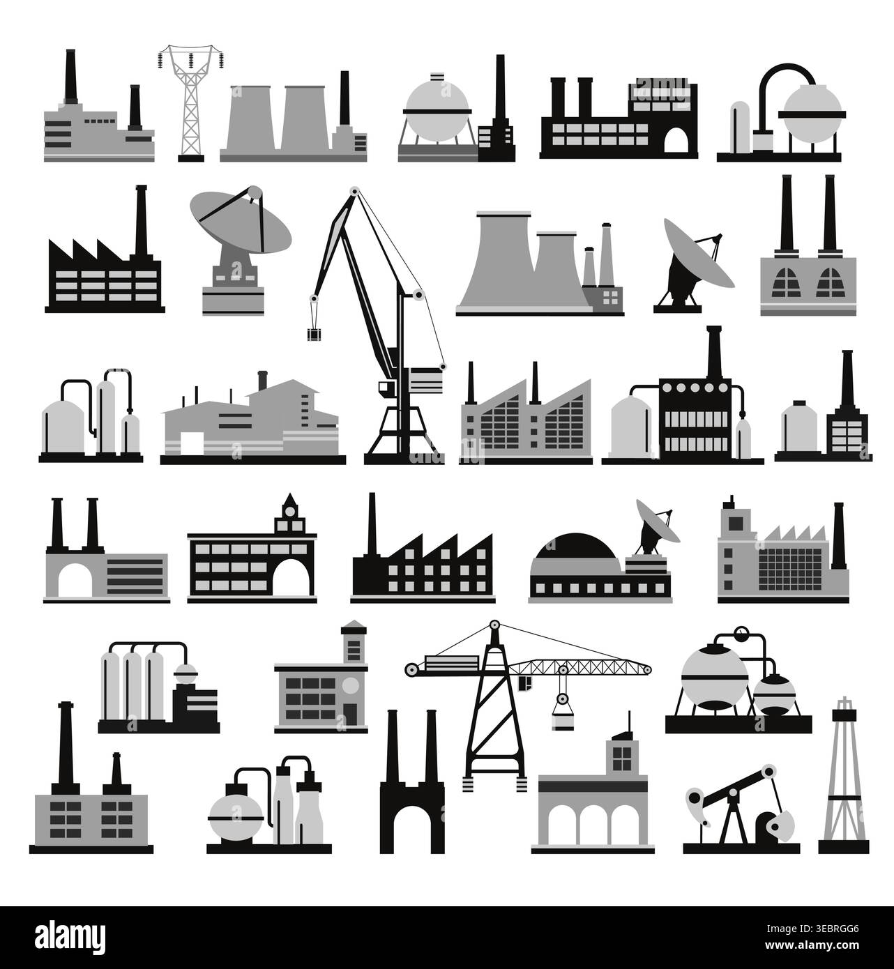 Collection d'icônes monochromes représentant divers bâtiments industriels, centrales électriques, usines et installations de fabrication, symbolisant l'indus moderne Illustration de Vecteur