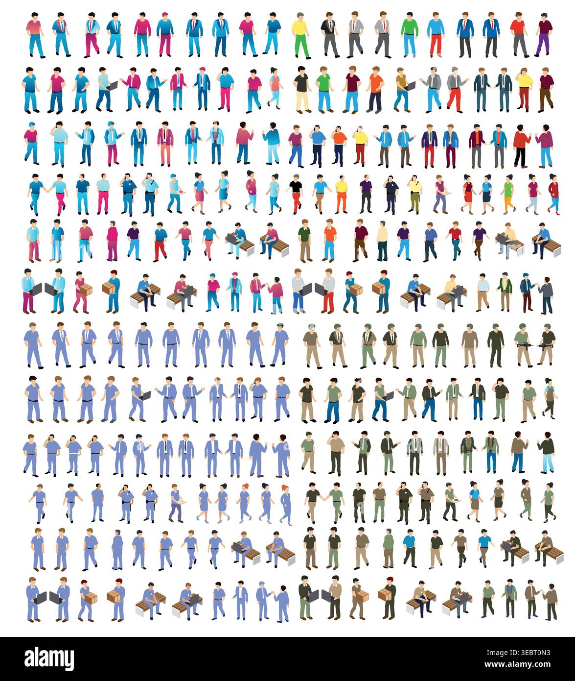 Vue isométrique d'une foule diversifiée de personnes engagées dans différentes activités, mettant en valeur diverses professions et actions Illustration de Vecteur