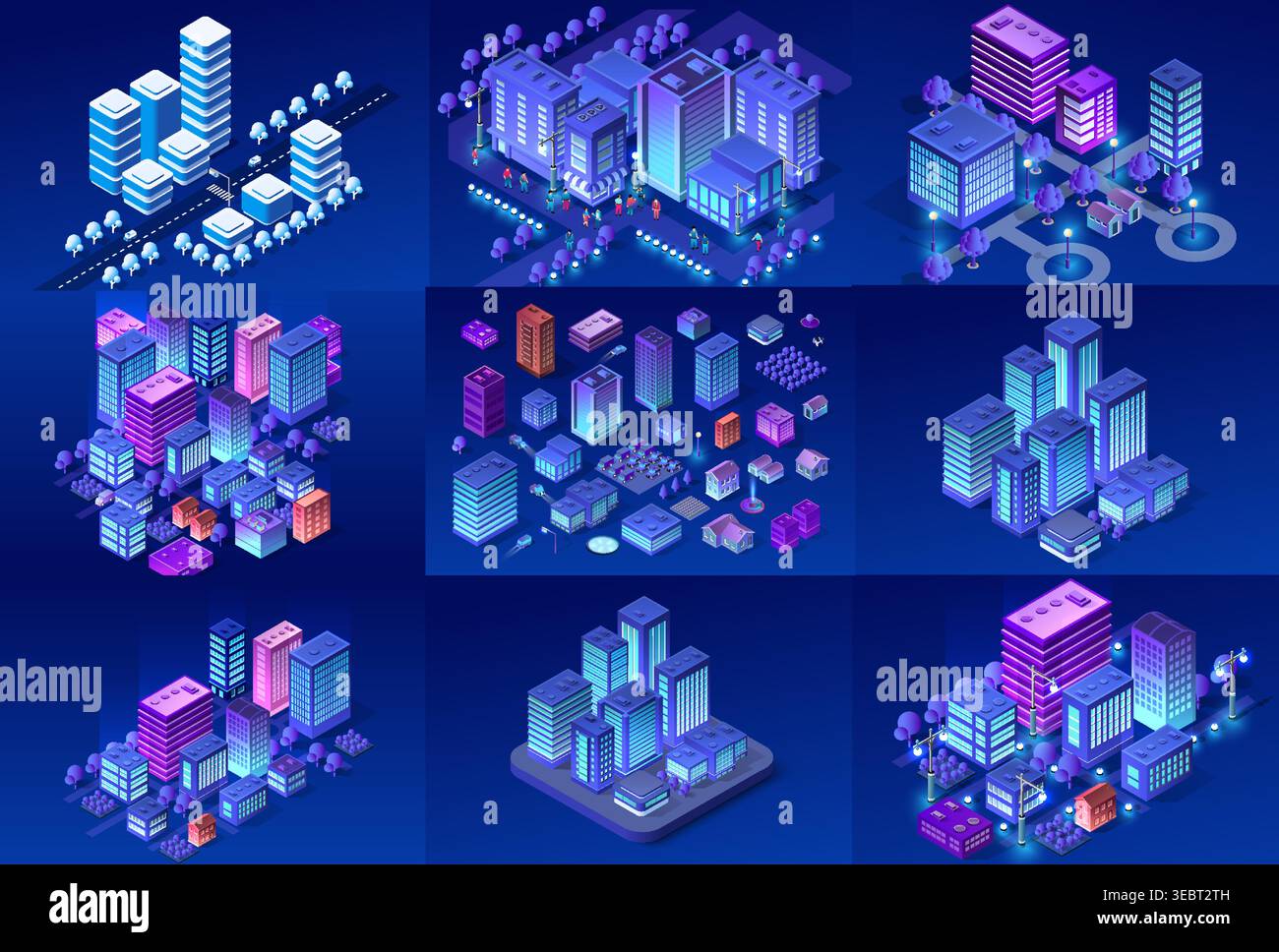 Bâtiments de ville intelligents isométriques la nuit avec éclairage futuriste Illustration de Vecteur