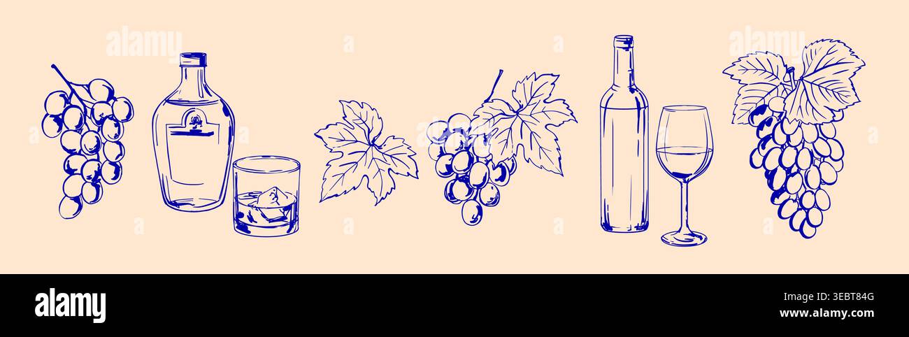 Grapes and Wine Line Art Set - illustrations vectorielles dessinées à la main Illustration de Vecteur