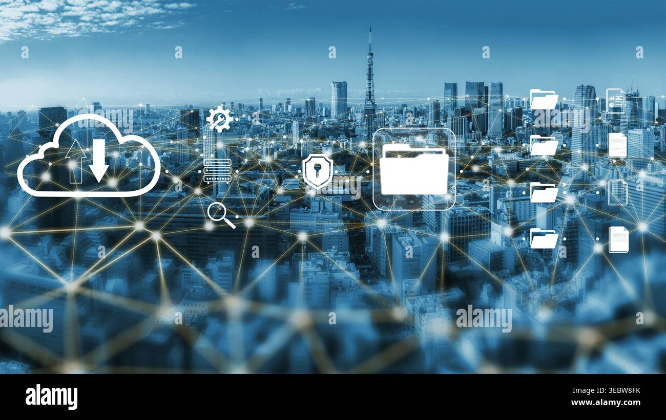 Concept d'infrastructure numérique moderne avec connexion Cloud Computing sur City Skyline dans des tons bleus avec stockage de données et icônes de sécurité Quark. Banque D'Images