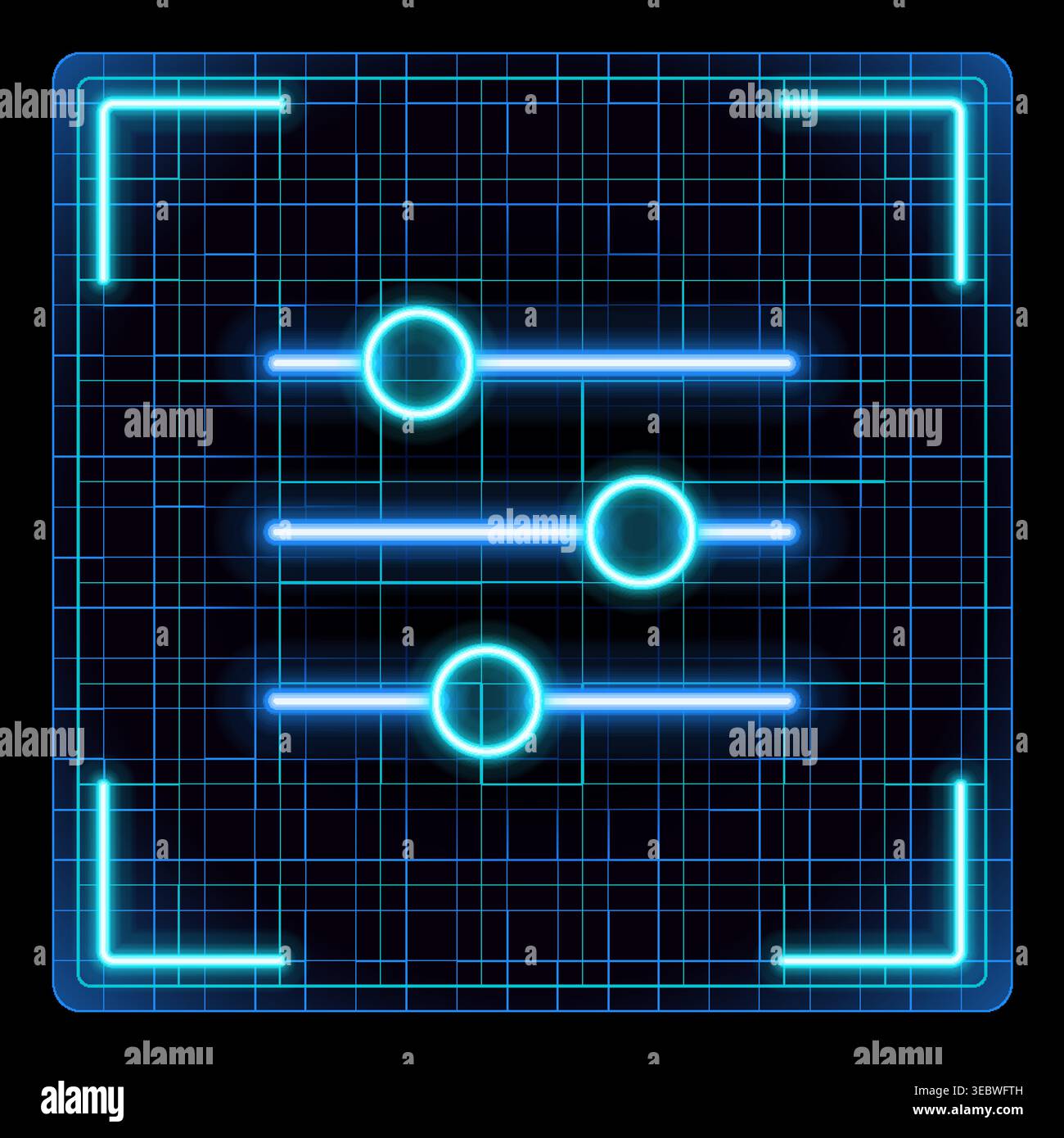 Paramètres Web et bouton de contrôle, curseurs et bascule les lignes. Illustration au néon futuriste, touches éditables. Illustration de Vecteur