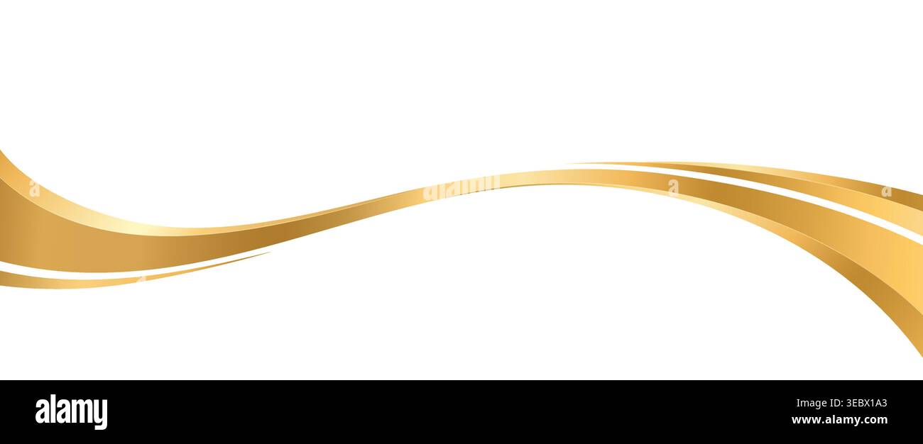 Swoosh d'onde de ruban doré, fond de flux de courbe de bande. Bande métallique scintillante et fluide en or ondulé vectoriel avec des courbes lisses. Tourbillon, ligne ou traînée de fluide jaune abstrait brillant suggérant un mouvement Illustration de Vecteur