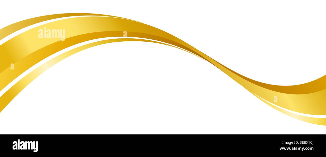 Vague de Swoosh à rayures dorées, flux de ruban ondulé. Rayure métallique fluante dorée scintillante aux courbes lisses, suggérant mouvement et luxe. Tourbillon, ligne ou traînée de fluide jaune abstrait vectoriel brillant Illustration de Vecteur