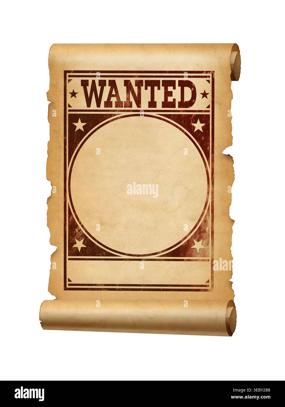Vintage Wanted affiche parchemin avec bordure occidentale décorative isolé sur fond blanc Banque D'Images
