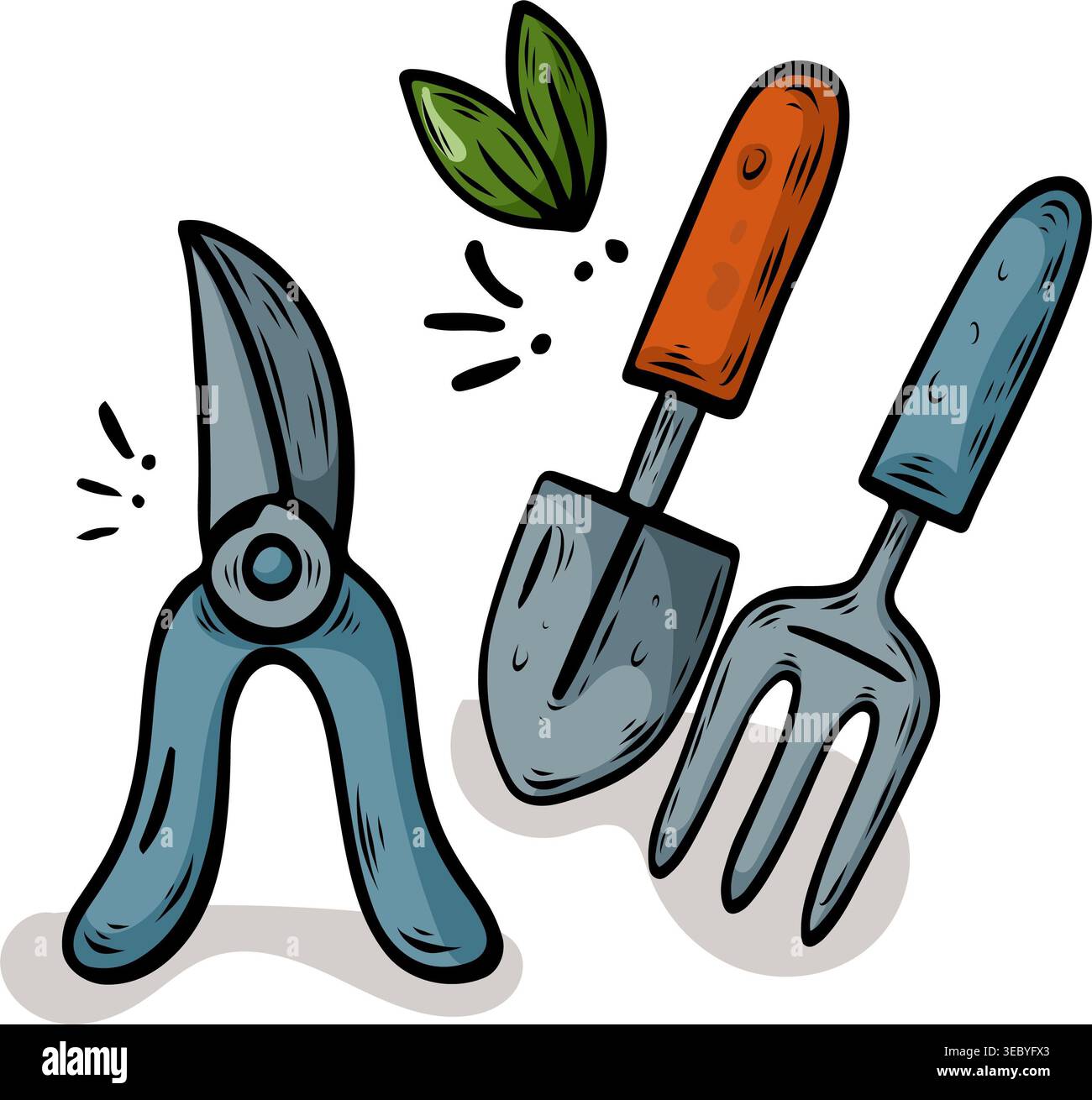 Ensemble d'outils à main de jardin comprenant des cisailles d'élagage, une truelle et une fourchette à main. Illustration de style dessinée à la main pour l'entretien du jardin Banque D'Images