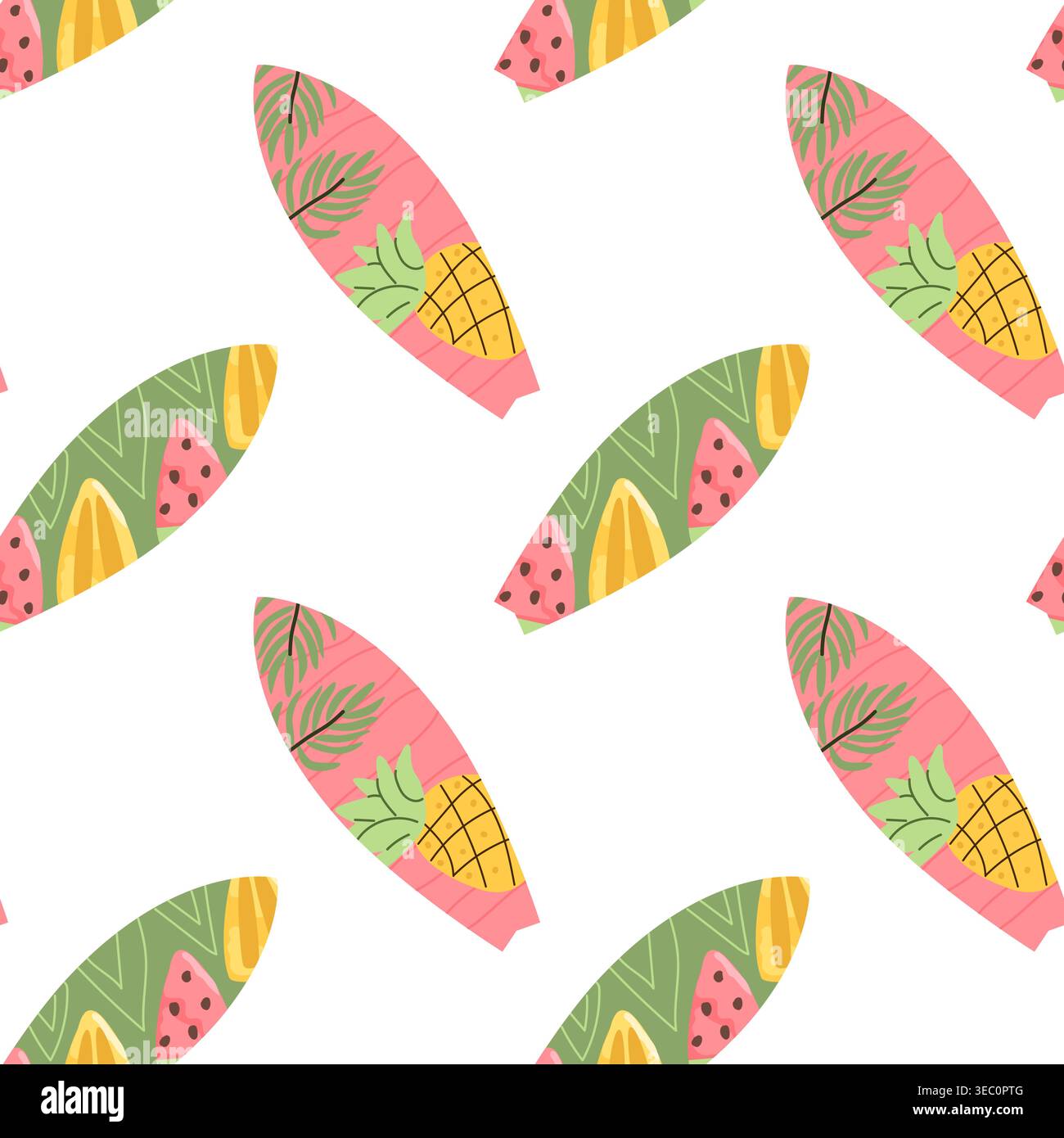 Un motif sans couture de planches de surf illustrées dans un style plat de dessin animé. Chaque planche présente des fruits tropicaux comme l'ananas et la pastèque, idéal pour le su Illustration de Vecteur
