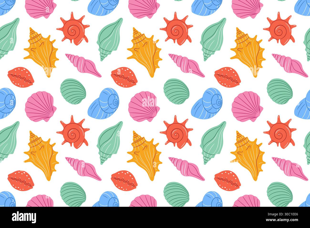 Modèle coloré et moderne sans couture de divers coquillages de bande dessinée de style plat sur fond blanc. Illustration marine mignonne. Pour les designs d'été, les textiles, le papier peint, les produits pour enfants. Illustration vectorielle Illustration de Vecteur