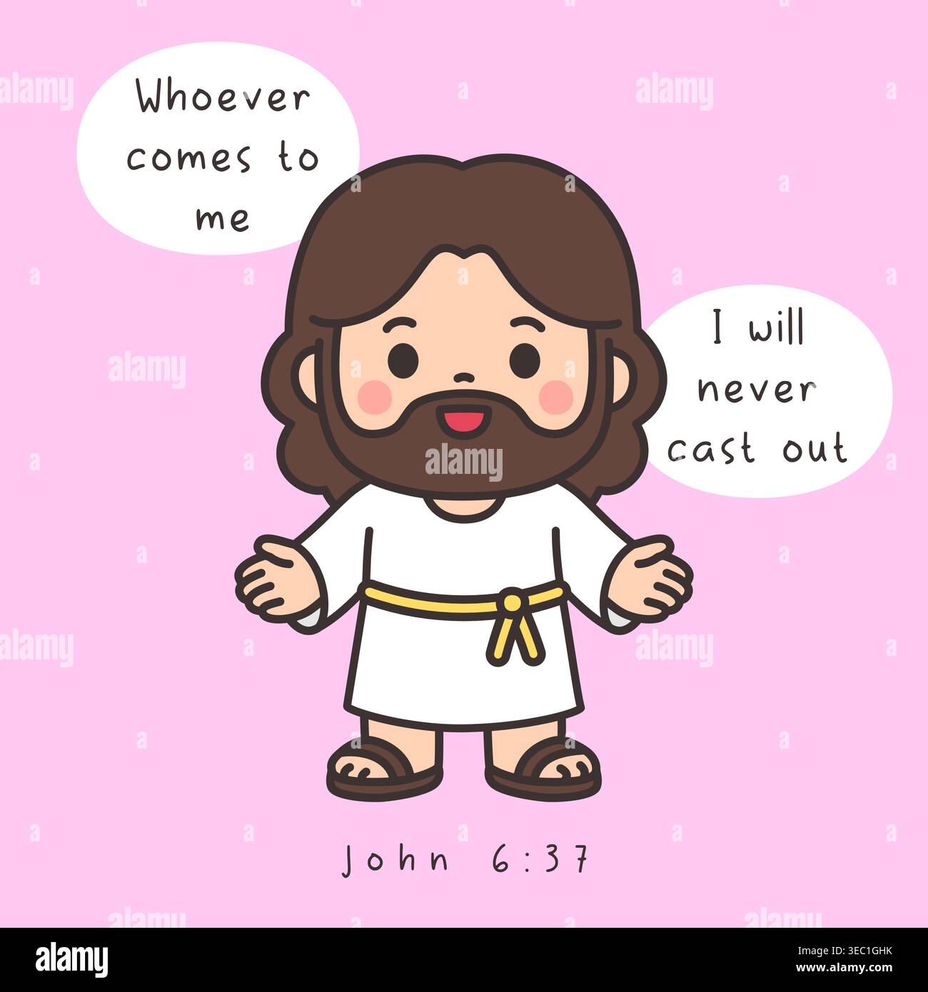 Mignon chibi dessin animé Jésus personnage avec les deux bras ouverts grand et verset de la Bible sur fond rose Illustration de Vecteur