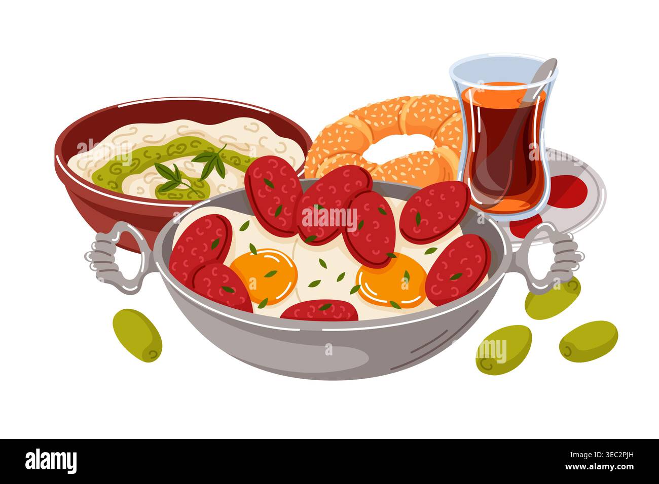 Délicieux petit déjeuner turc avec saucisse frite, trempette au fromage, simit, thé noir et olive. Illustration de style de dessin animé de cuisine traditionnelle pour le menu Illustration de Vecteur