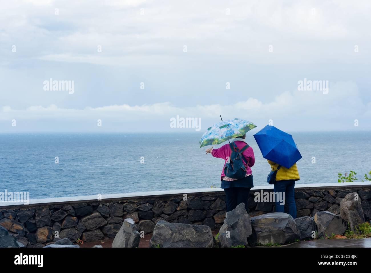 Deux personnes avec des parasols regardant la vue sur l'océan un jour nuageux de pluie Banque D'Images