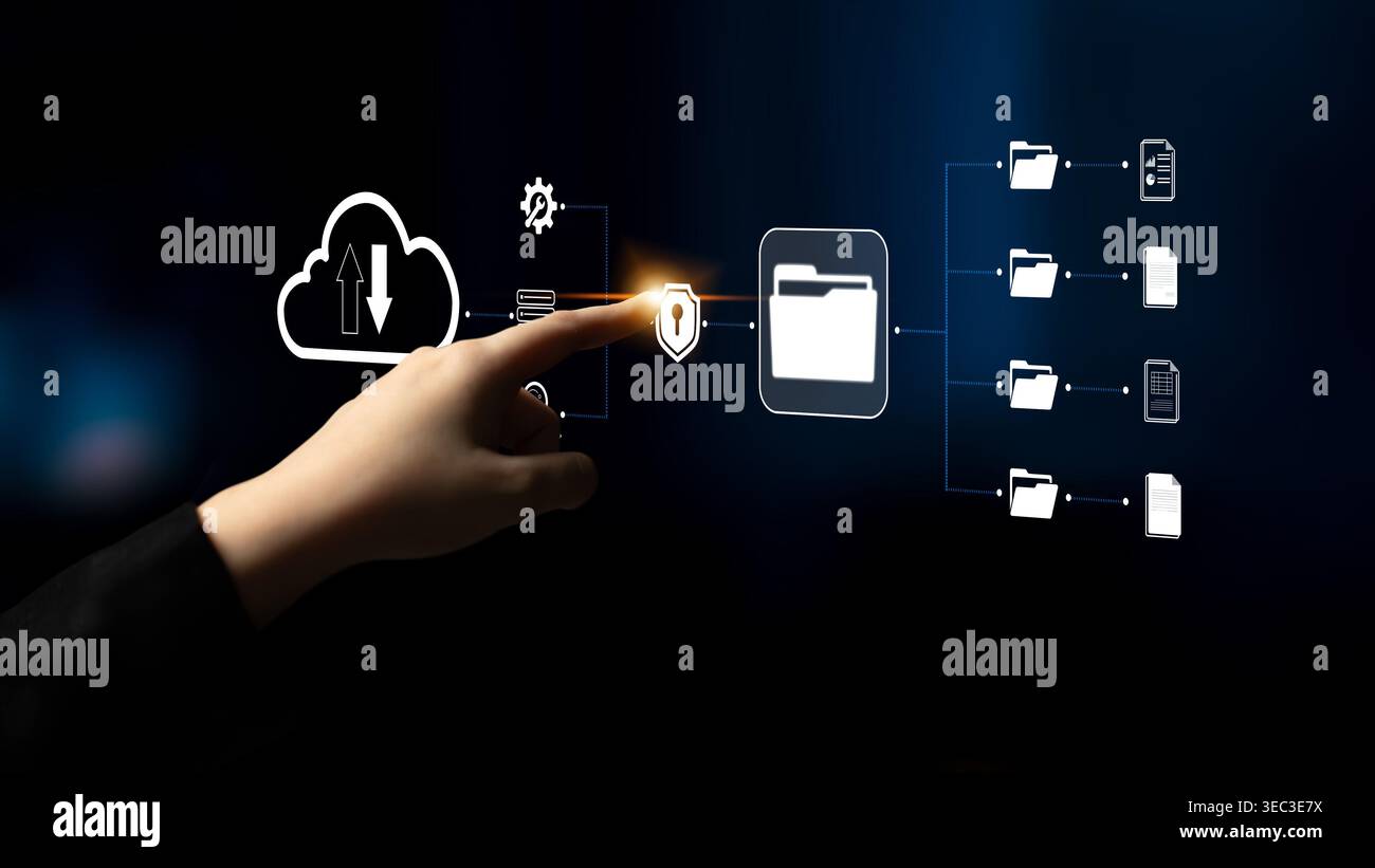 Main atteignant vers l'interface Cloud numérique avec des symboles de fichier représentant la sécurité et la gestion des données dans Modern Technology Quark. Banque D'Images