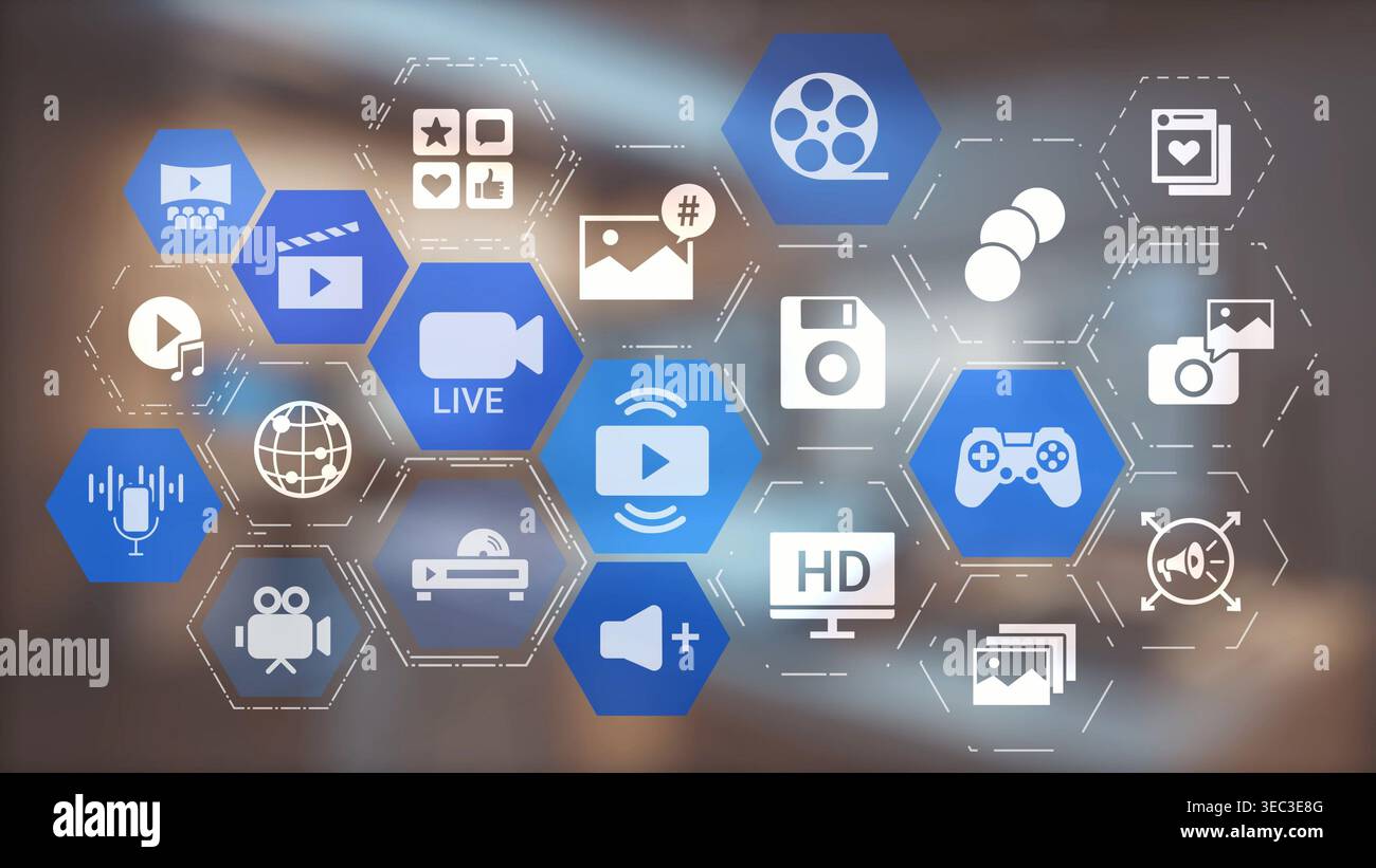 Technologie multimédia avec vidéo, audio, photo et icônes de streaming représentant les médias numériques, la communication et les plates-formes en ligne dans un moderne Banque D'Images