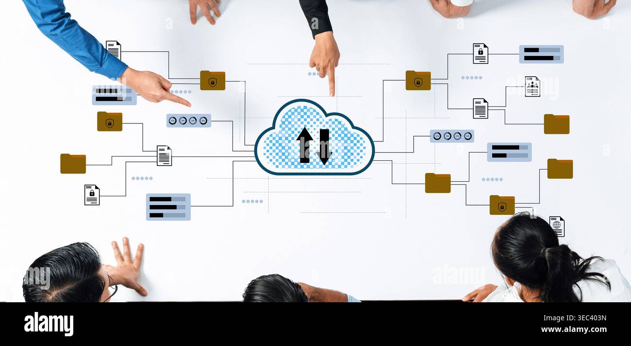 Une équipe commerciale diversifiée collabore à une stratégie de cloud computing, illustrant le flux de données et des idées innovantes pour l'avenir du numérique Banque D'Images