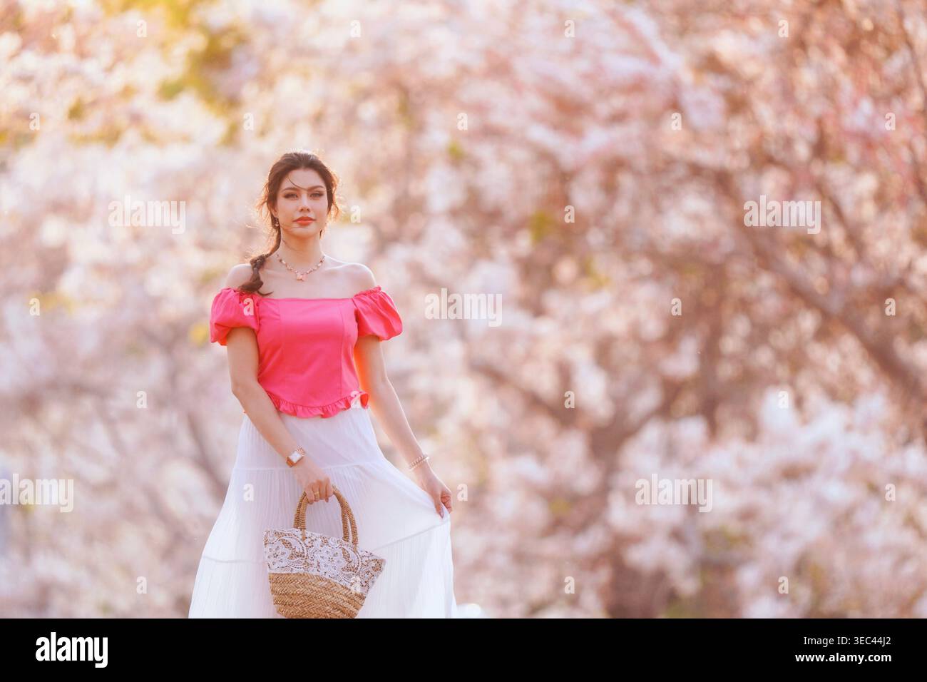 Portrait d'une jeune femme debout devant des arbres sakura en fleurs au printemps tenant un panier de paille, Thaïlande Banque D'Images