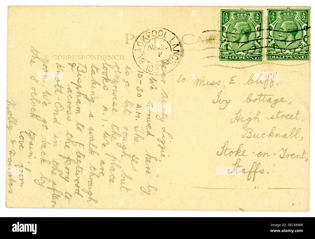 Recto d'une carte postale des années 1930, datée / postée, 20 août 1930, Blackpool, Angleterre, Royaume-Uni Banque D'Images