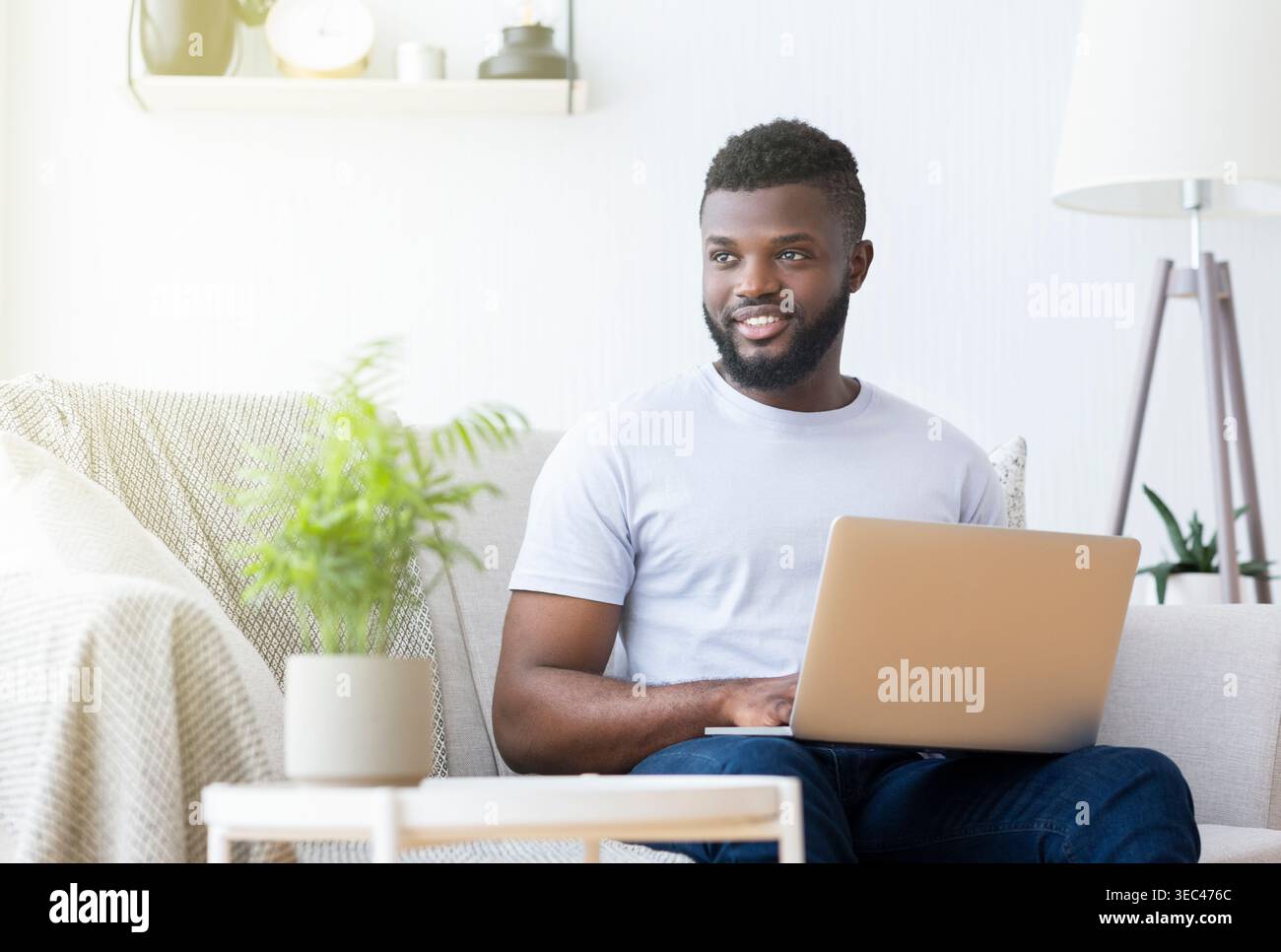 Jeune homme travaillant sur ordinateur portable dans un salon confortable avec lumière naturelle et plantes intérieures Banque D'Images