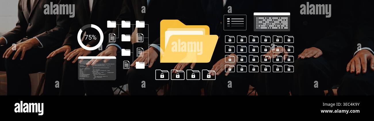 Une équipe professionnelle participe à une réunion, entourée de graphiques d'interface numérique illustrant les données et les outils de gestion de fichiers pour Banque D'Images