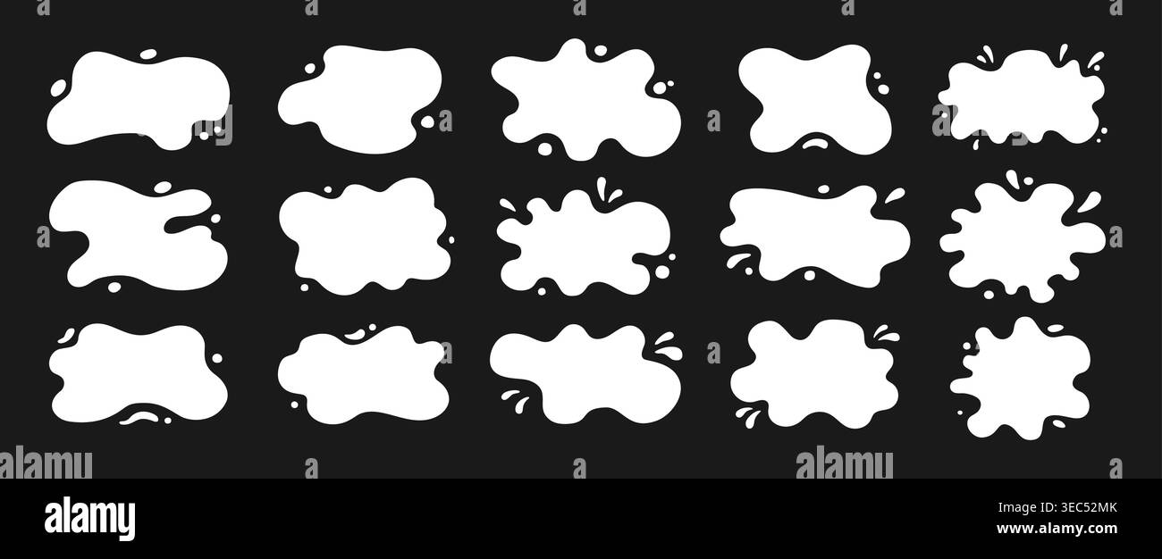 Taches de lait, flaques de liquide éclaboussures, gouttes blobs. Formes liquides et cadres avec bords ondulés inégaux. Formes organiques arrondies. Des taches brillantes lisses, des éclaboussures légères dégouttent des formes abstraites des arrière-plans de texte Illustration de Vecteur
