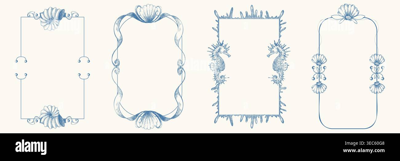 Cadres marins vintage avec doodles dessinés à la main. Bordure décorative bleue ornée de coquillages, motifs hippocampe et éléments marins en ligne fantaisiste pour invitation de mariage à la plage, carte d'anniversaire d'été Illustration de Vecteur